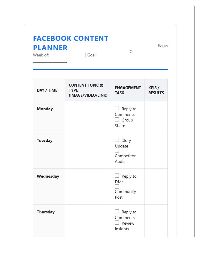 Facebook Business Social Media Printable Chart