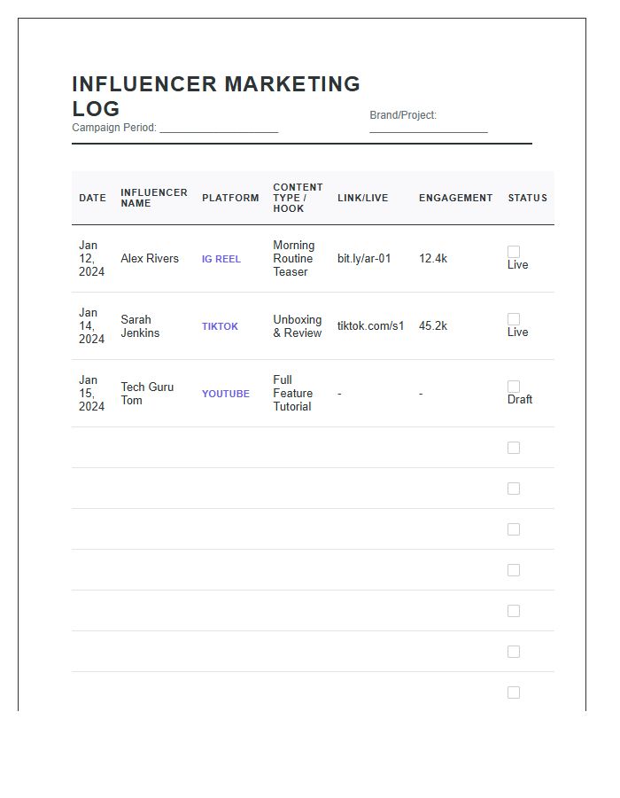 Influencer Marketing Posting Log Printable Chart