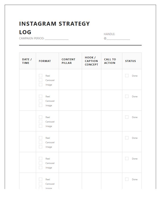 Instagram Strategy Posting Log Printable Chart