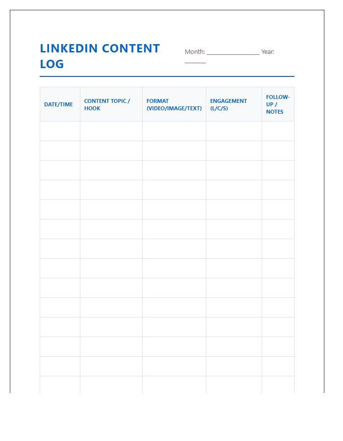 LinkedIn Professional Posting Log Printable Chart