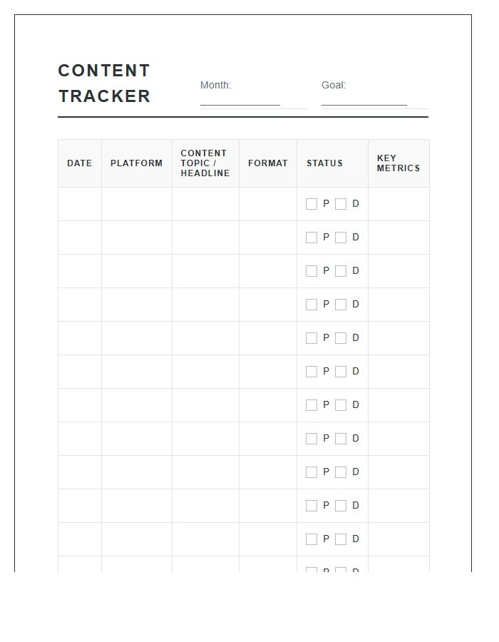 Monthly Social Media Content Tracking Printable Chart