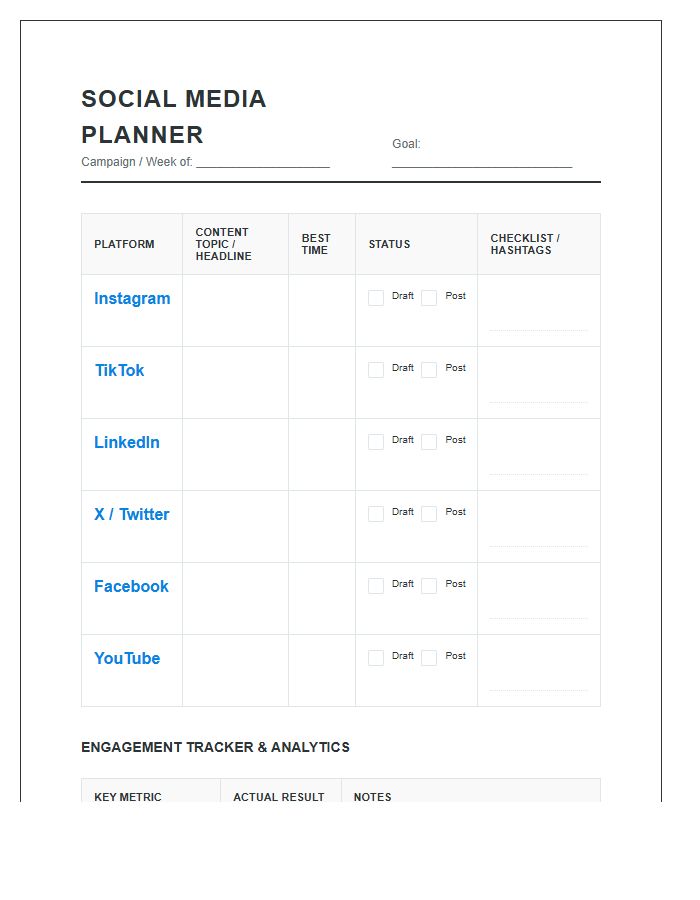 Multi Platform Social Media Management Printable Chart