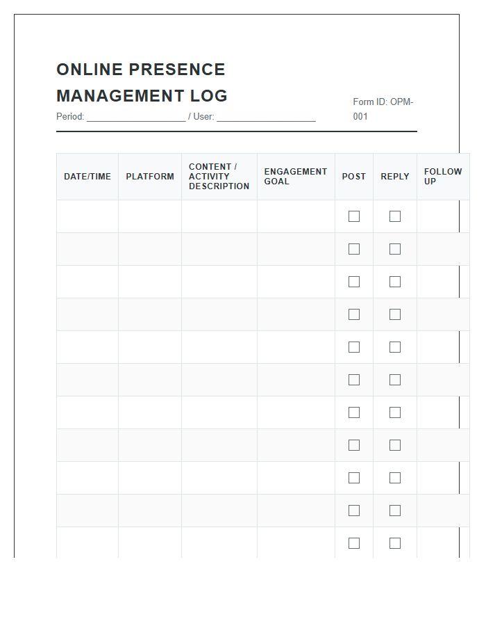 Online Presence Management Log Printable Chart