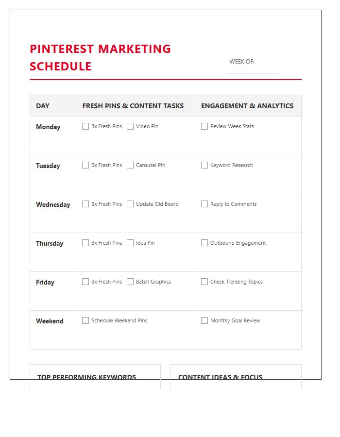 Pinterest Marketing Schedule Printable Chart