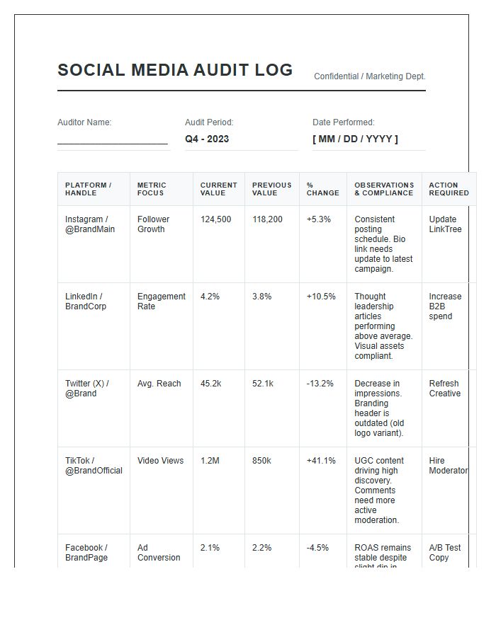 Professional Social Media Audit Log Printable Chart