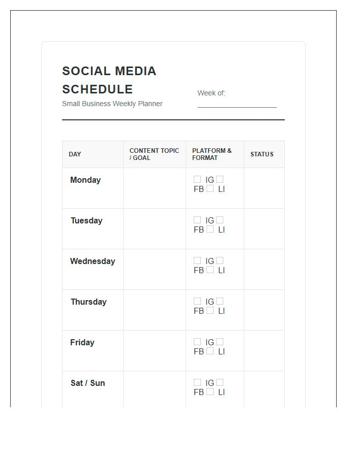 Small Business Social Media Schedule Printable Chart