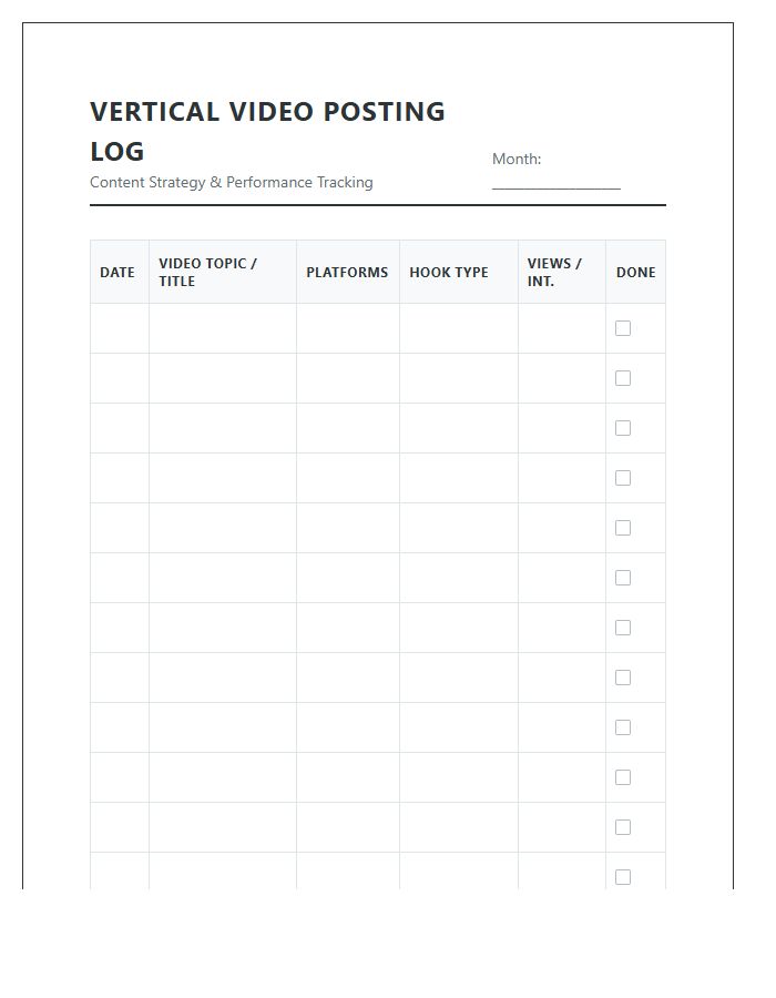 Vertical Video Posting Log Printable Chart