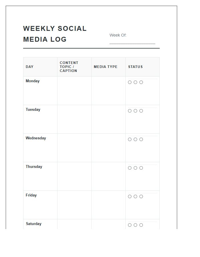 Weekly Social Media Posting Log Printable Chart