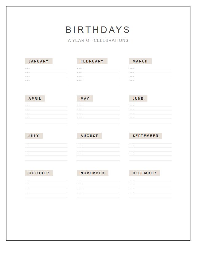 Aesthetic Printable Birthday Calendar Chart
