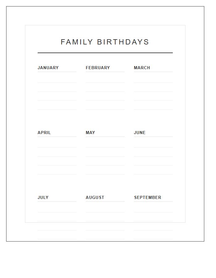 Family Birthday Reminder Printable Wall Chart