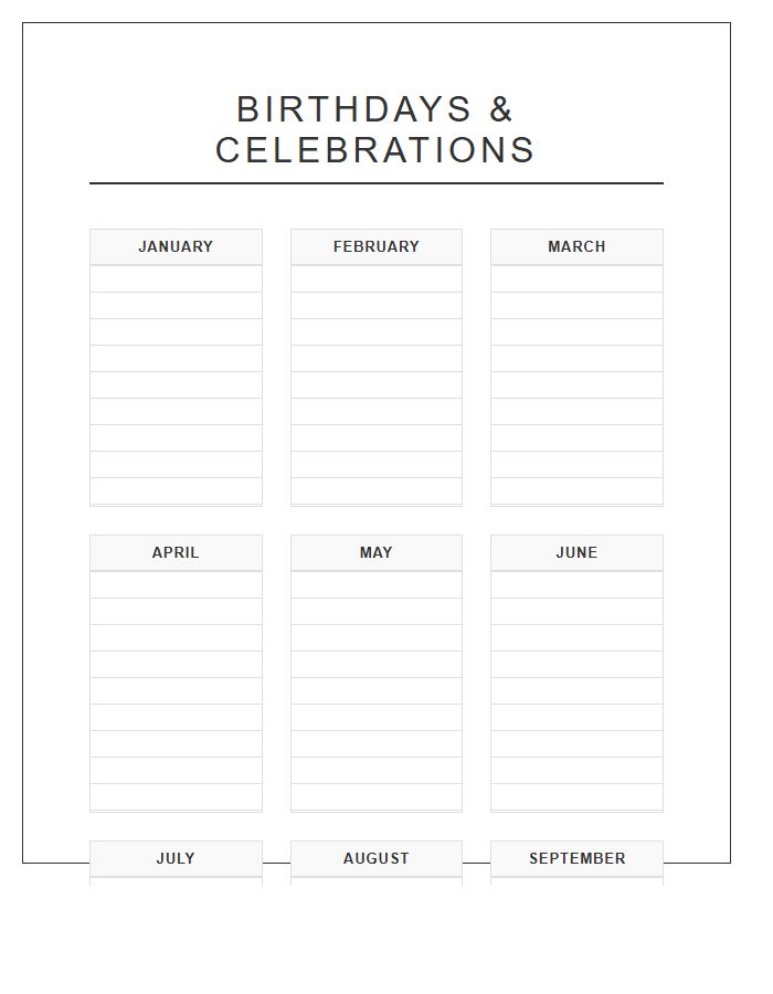 Large Printable Birthday Calendar Chart