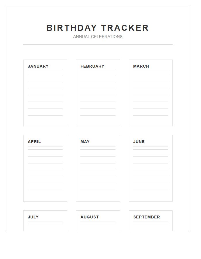 Monthly Printable Birthday Tracker Wall Chart