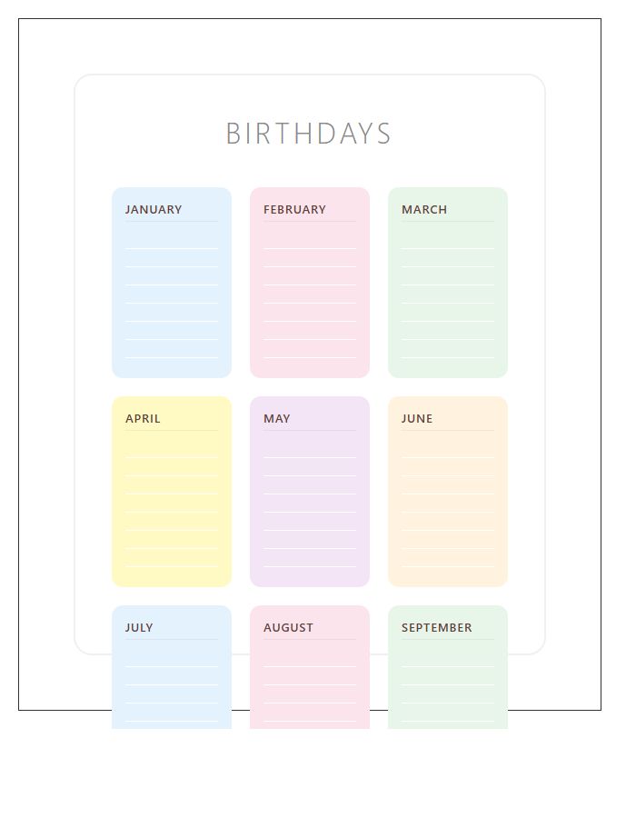Pastel Printable Birthday Tracker Chart