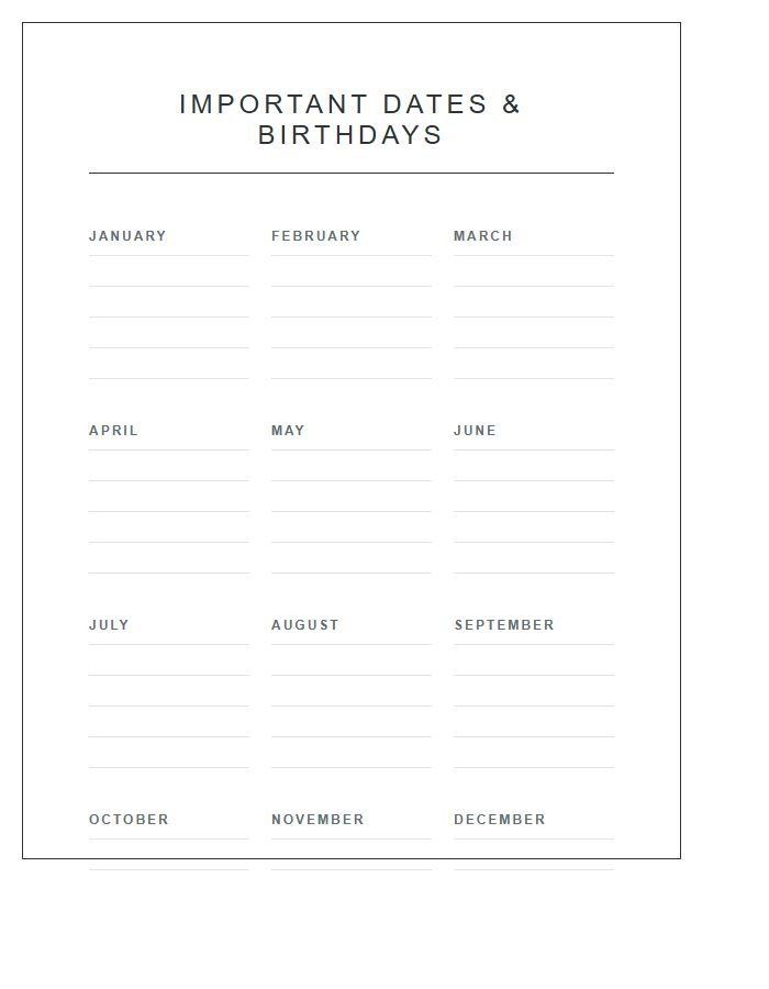 Printable Important Dates Birthday Chart