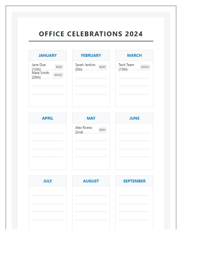 Printable Office Birthday Anniversary Chart