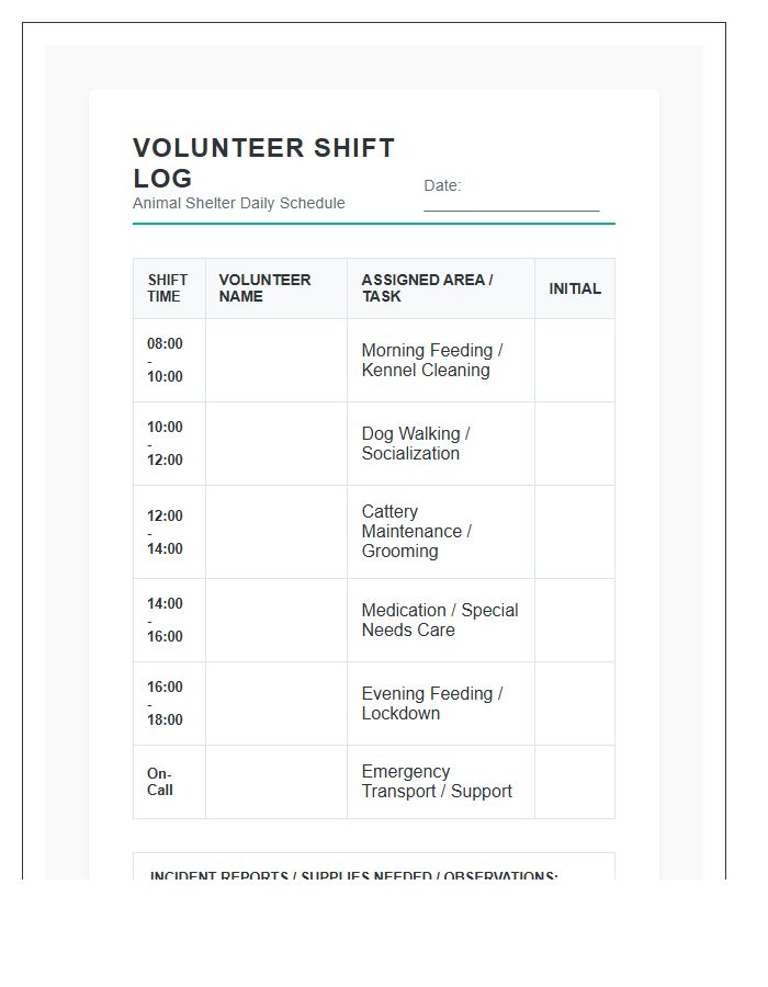Animal Shelter Volunteer Shift Printable Chart