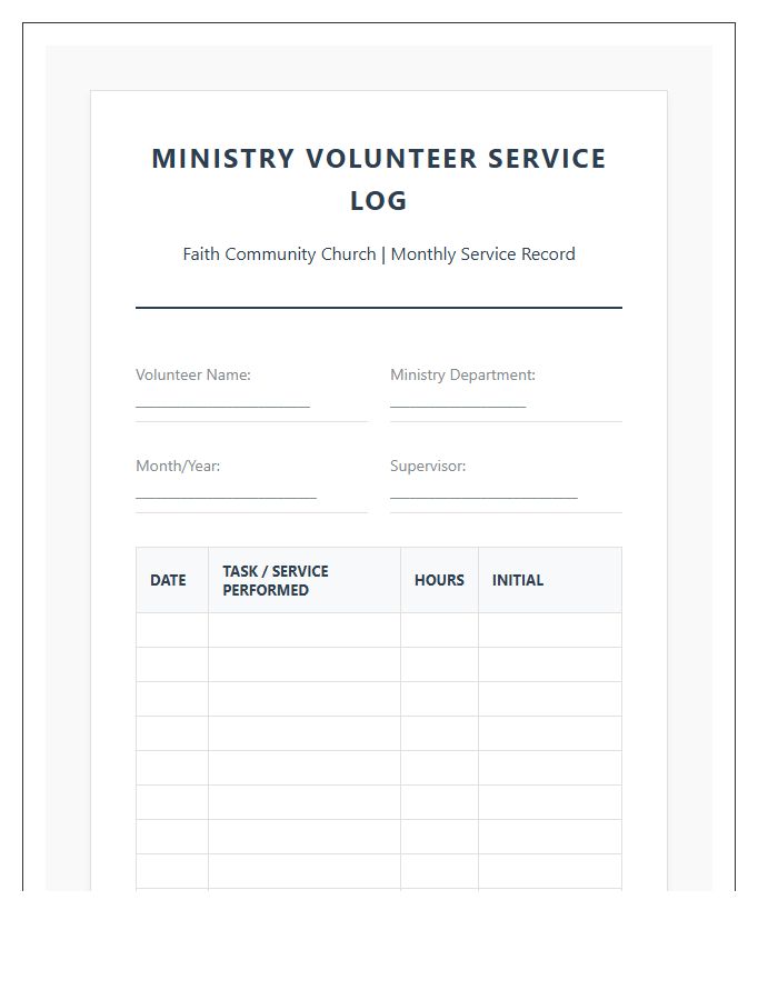 Church Ministry Volunteer Service Printable Chart