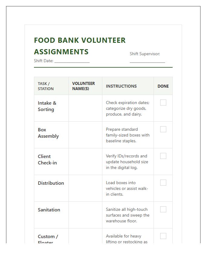 Food Bank Volunteer Task Assignment Printable Chart