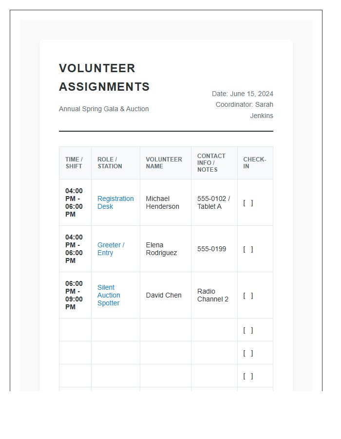 Fundraising Event Volunteer Management Printable Chart