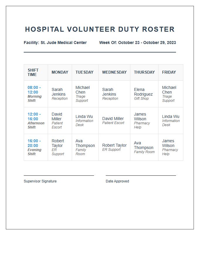 Hospital Volunteer Duty Roster Printable Chart