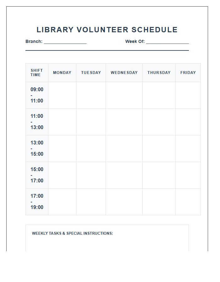 Library Volunteer Assistant Schedule Printable Chart