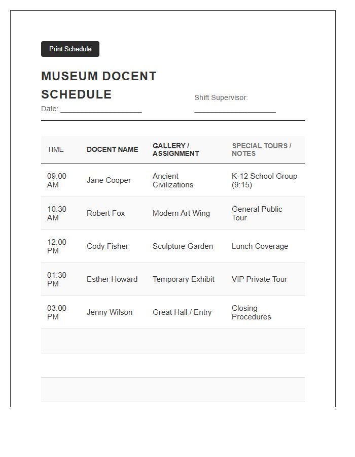 Museum Docent Volunteer Schedule Printable Chart