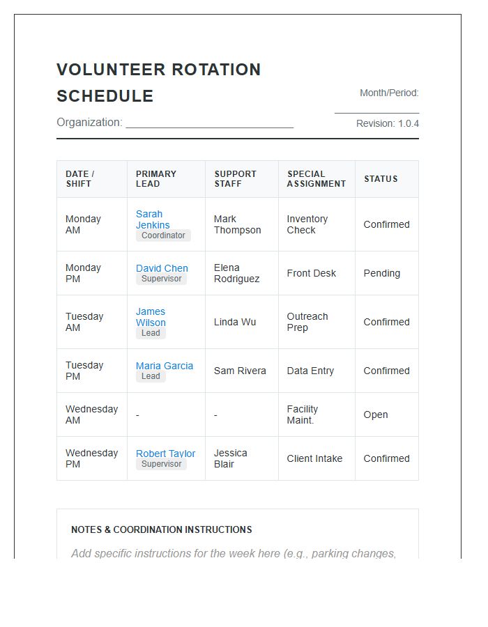 Non Profit Organization Volunteer Rotation Printable Chart