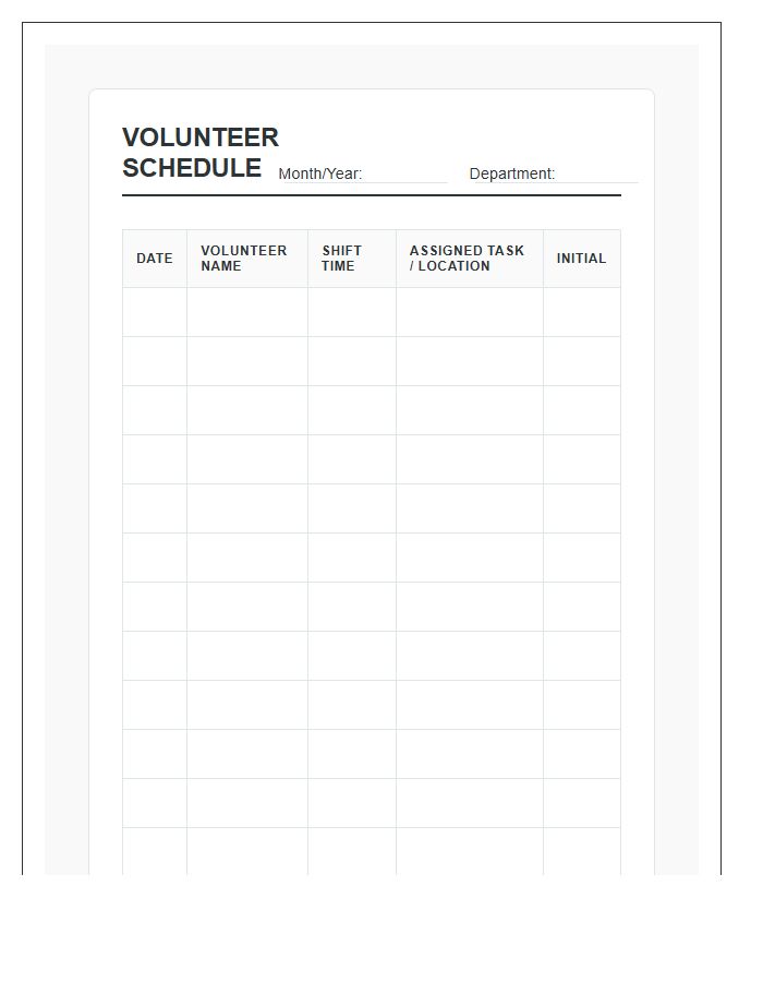 Printable Monthly Volunteer Work Schedule Chart