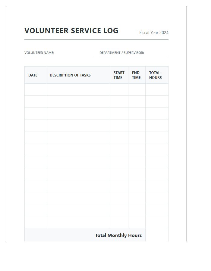 Professional Office Volunteer Hours Printable Chart
