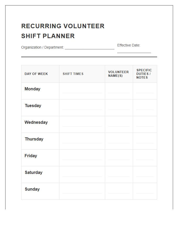 Recurring Volunteer Shift Planner Printable Chart