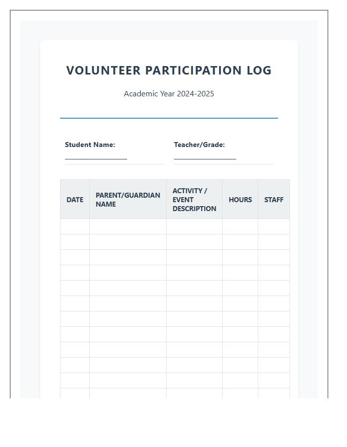School Parent Volunteer Participation Printable Chart
