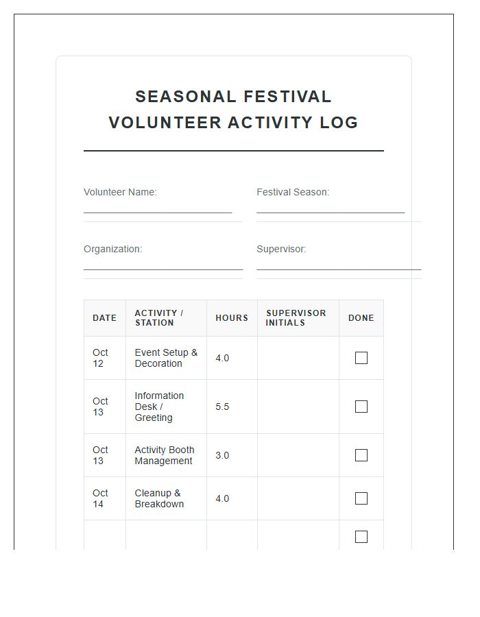 Seasonal Festival Volunteer Activity Printable Chart