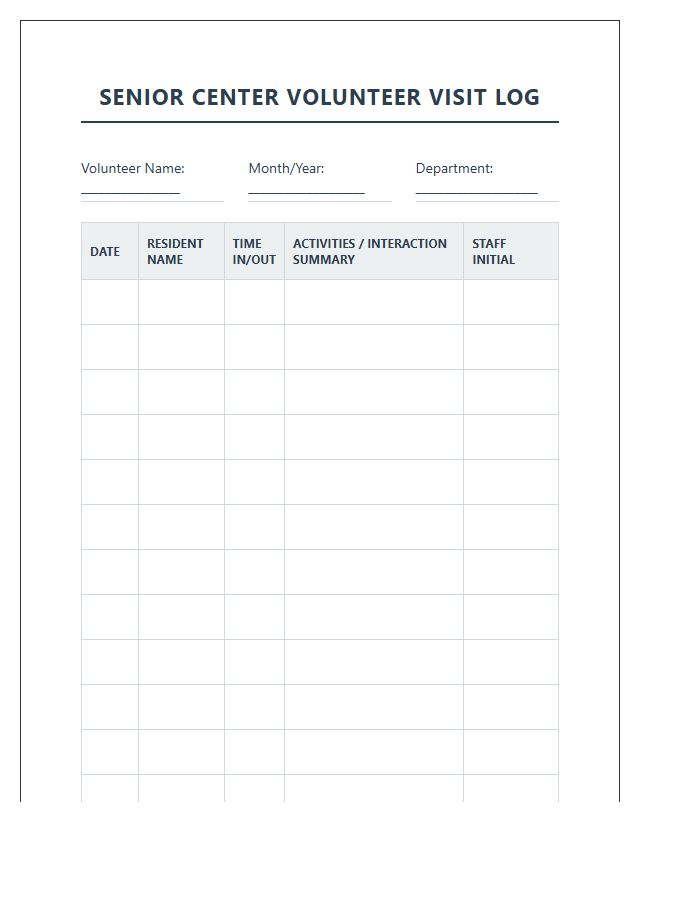 Senior Center Volunteer Visit Printable Chart