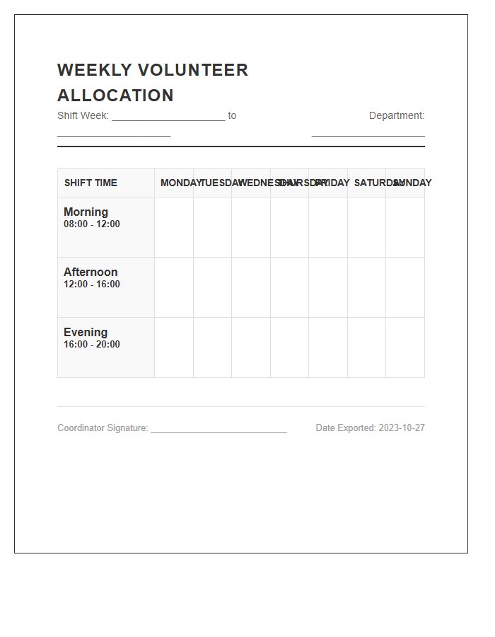 Weekly Volunteer Shift Allocation Printable Chart