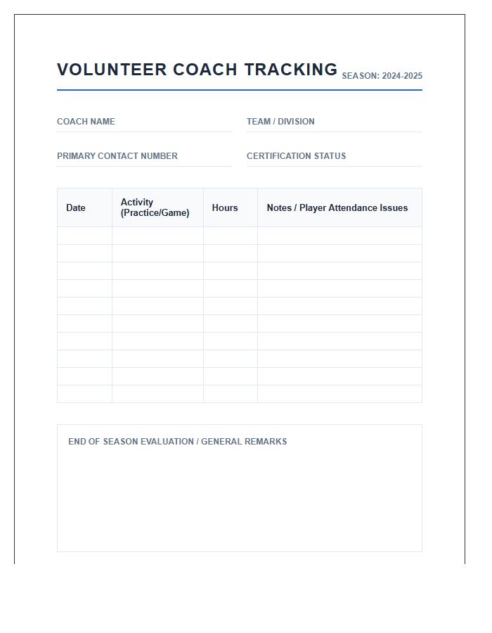 Youth Sports Volunteer Coach Printable Chart