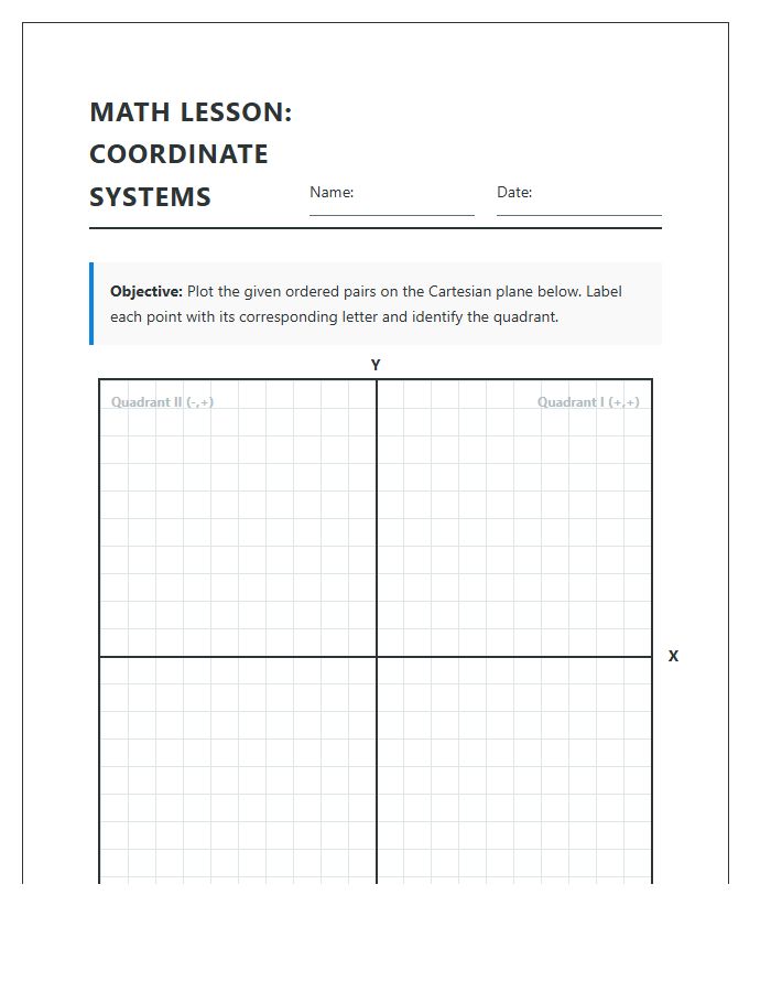 Student Workbook Math Lesson Printable Coordinate Plane Chart