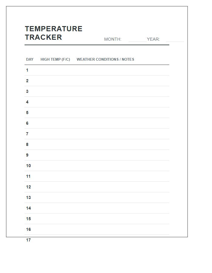 Daily High Temperature Monthly Tracking Printable Chart