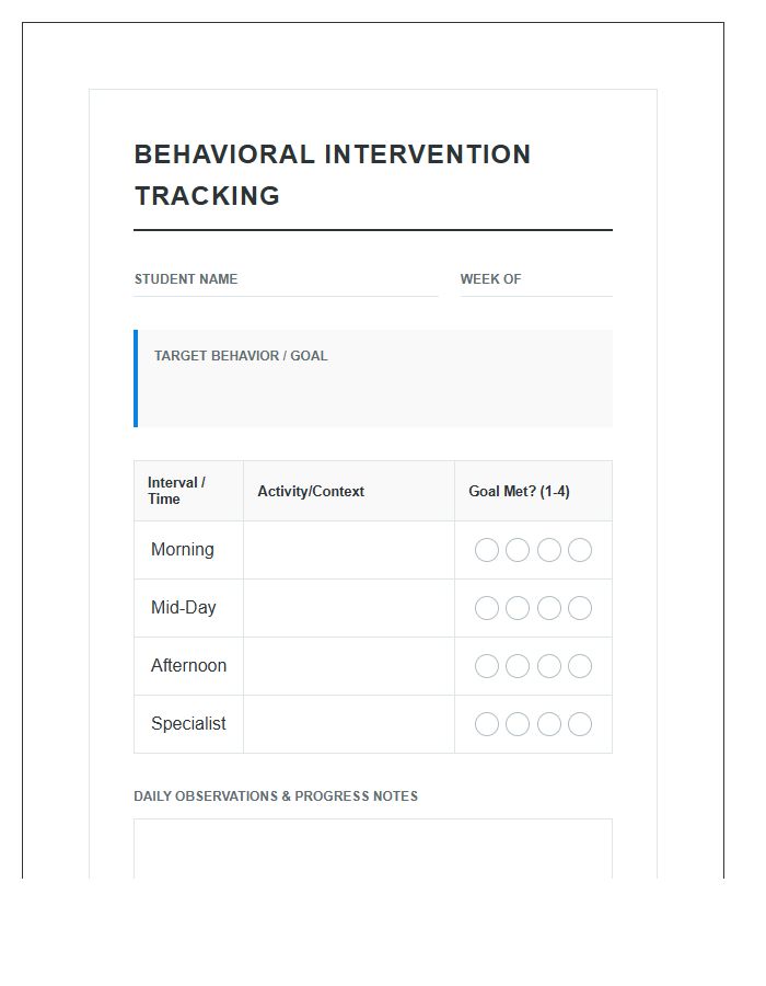 Behavioral Intervention Printable Student Behavior Tracking Progress Chart