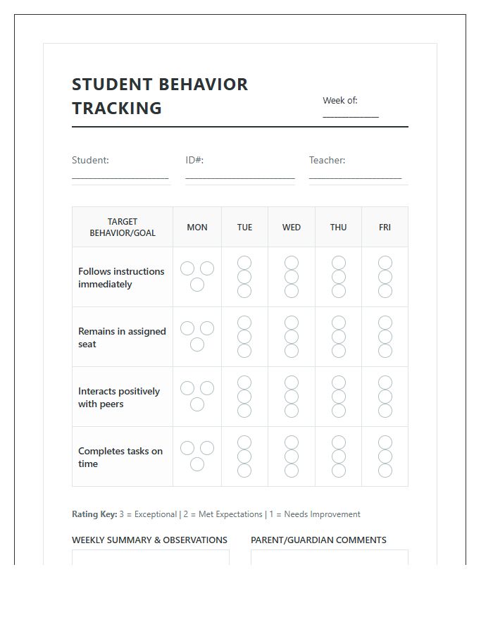 Consistent Printable Student Behavior Tracking Progress Chart