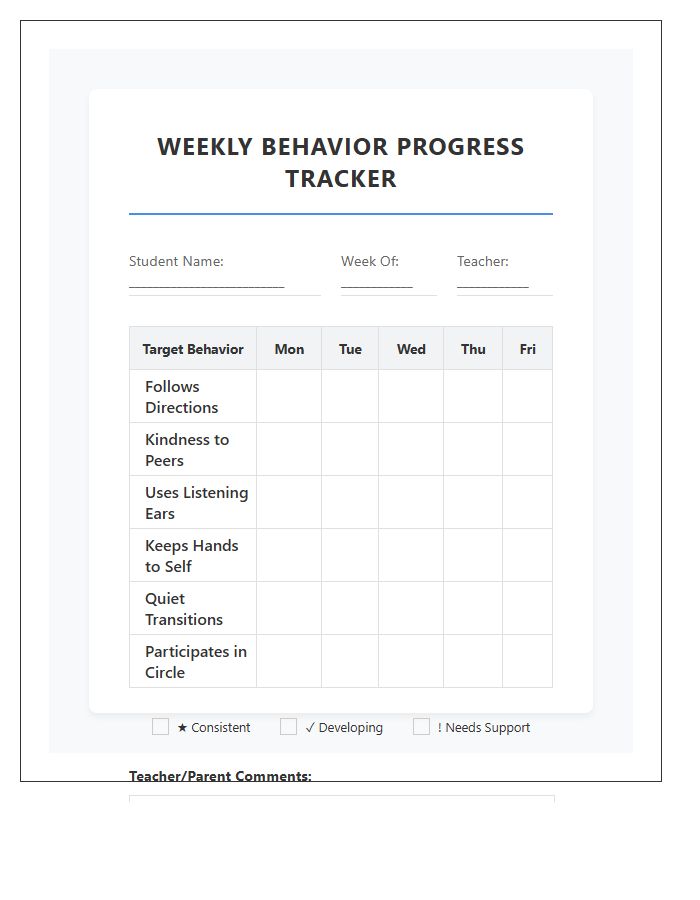 Early Childhood Printable Student Behavior Tracking Progress Chart