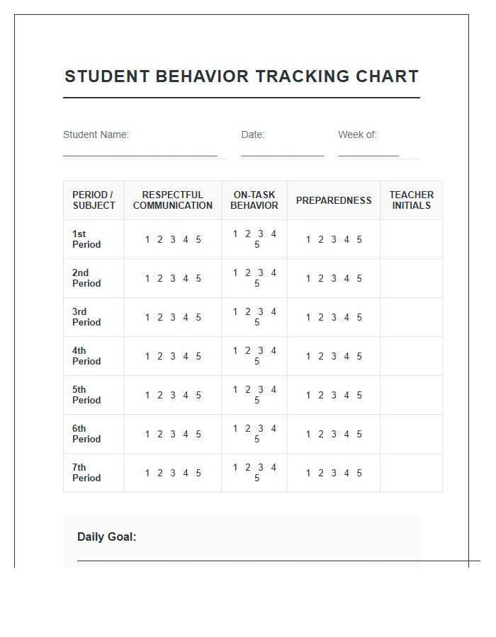 Middle School Printable Student Behavior Tracking Progress Chart