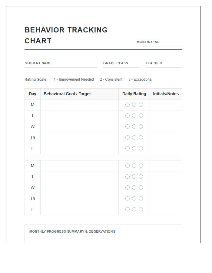 Monthly Printable Student Behavior Tracking Progress Chart