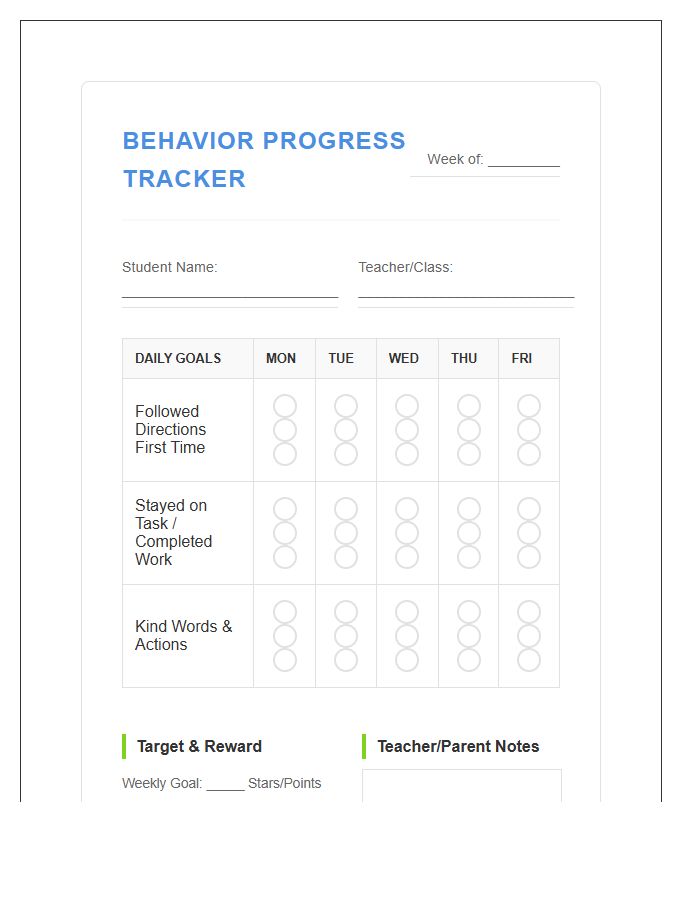 Positive Reinforcement Printable Student Behavior Tracking Progress Chart