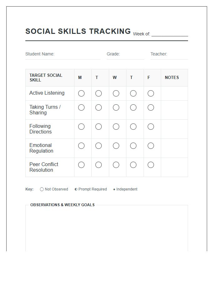 Social Skills Printable Student Behavior Tracking Progress Chart