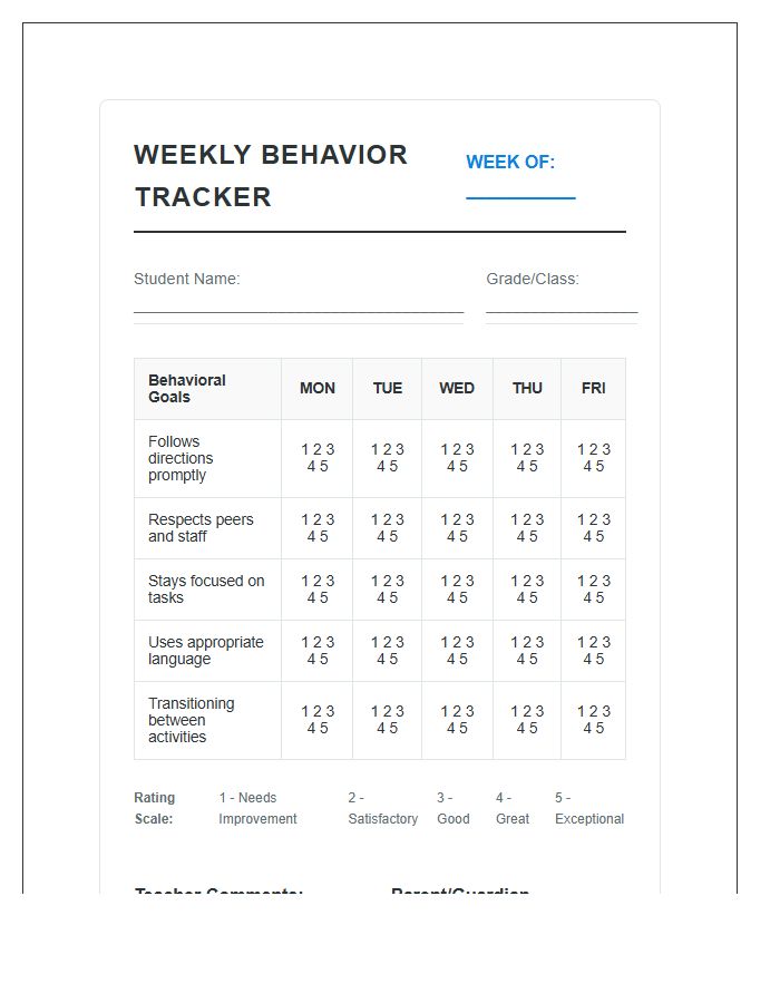 Weekly Printable Student Behavior Tracking Progress Chart