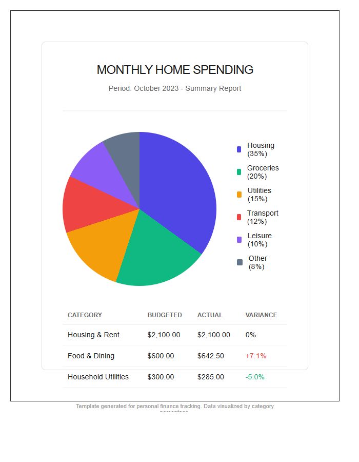 Categorized Home Spending Printable Pie Chart