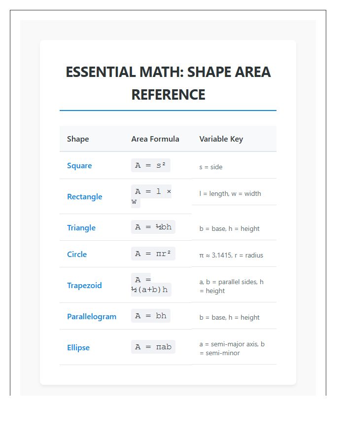 Essential Math Printable Shape Area Reference Chart
