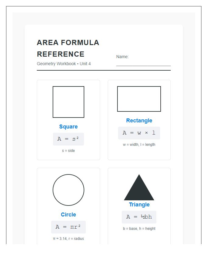 Geometry Workbook Printable Shape Area Chart