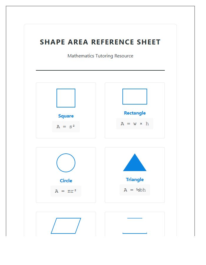 Math Tutoring Printable Shape Area Chart