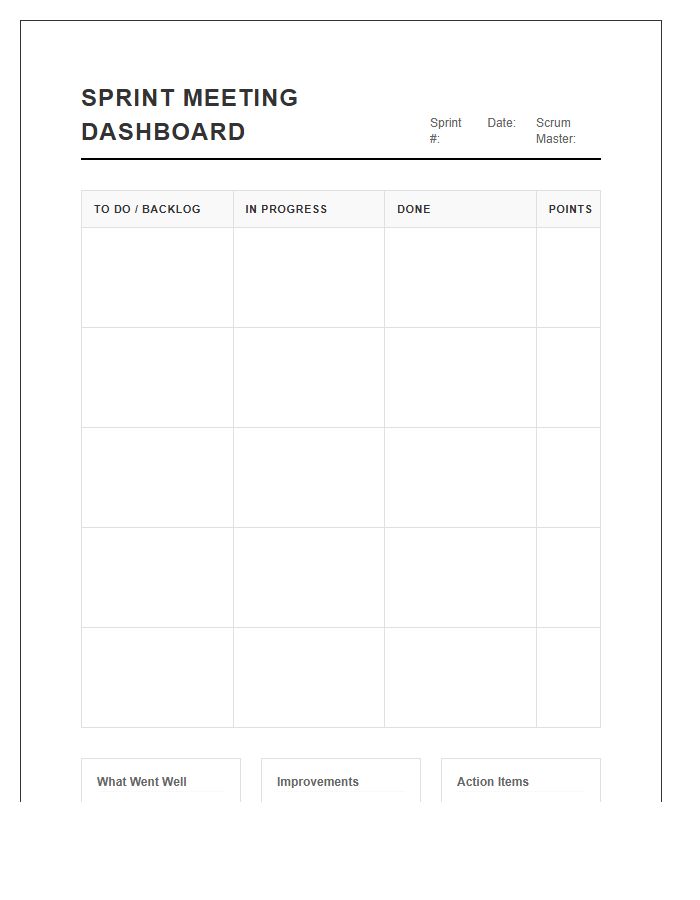 Agile Team Sprint Meeting Printable Chart